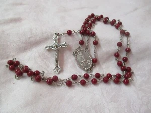Vintage Italy silver tone Rosary with dark red glass Beads Our Lady of Fatima - Picture 1 of 4