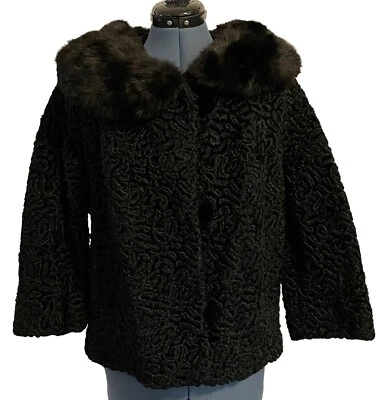 VTG Black Curly Persian Lamb Wool Coat w Mink Collar Mob Wife Quiet Luxury 50s S - Image 1 of 4