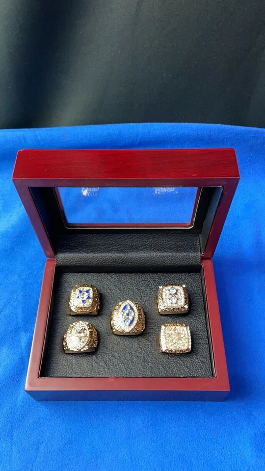 Dallas Cowboys Set of 5 Gold Color Super Bowl Rings With Wooden Display Box - Image 1 of 1