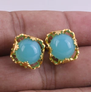 Beautiful 18k Gold Plated Aqua Chalcedony Gemstone Designer Stud Earring - Picture 1 of 8