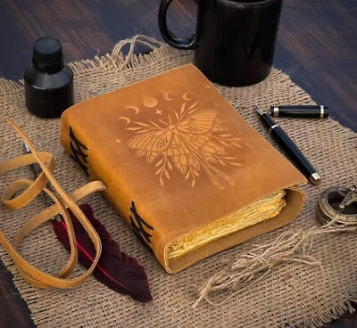 Book of Shadows Journal with Lock Clasp Vintage Handmade Leather Luna Moths 7x5 - Image 1 of 4