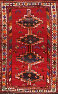 Geometric Wool Gabbeh Red/ Ivory Area Rug Vintage Hand-made Tribal Carpet 5x8 - Picture 1 of 23