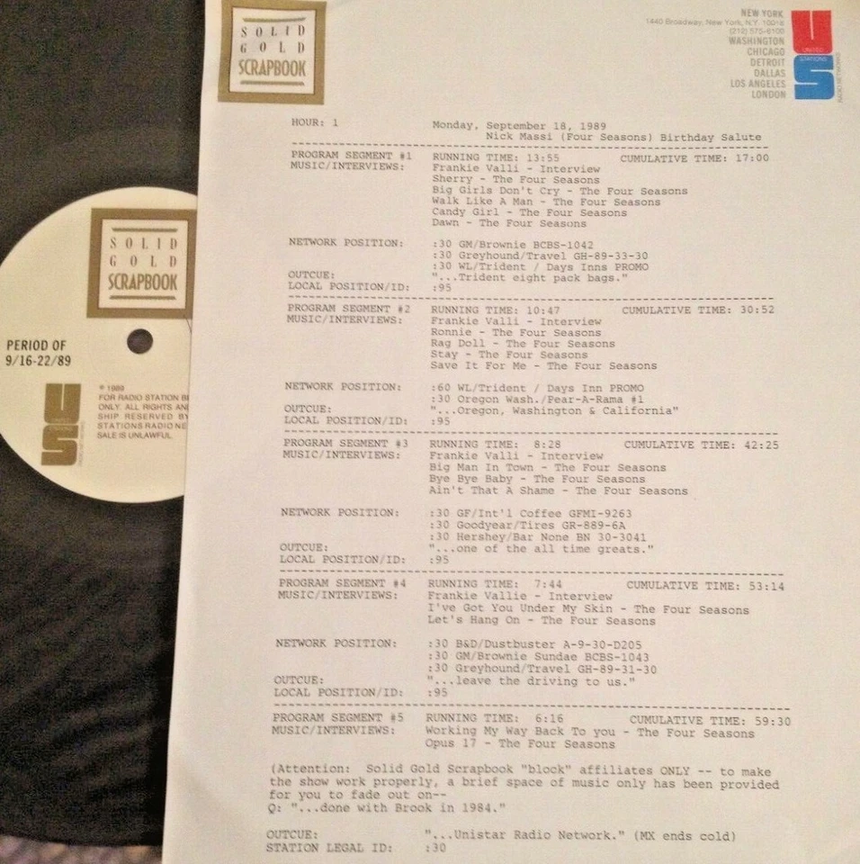 RADIO SHOW 9/18/89 4 SEASONS' NICK MASSI SALUTE w/4 FRANKIE VALLI INTERVIEWS - Image 1 of 1