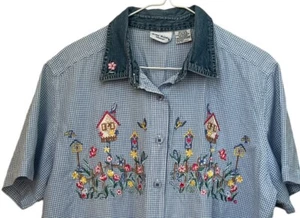 Bobbie Brooks Womens Shirt 14W/16 Short Sleeve Button Front Blue Check Birds - Picture 1 of 7