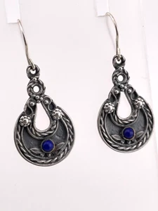 BEAUTIFUL 925 STERLING SILVER EARRINGS LAPIS LAZULI BLUE FLORAL BALI STYLE 1450 - Picture 1 of 6