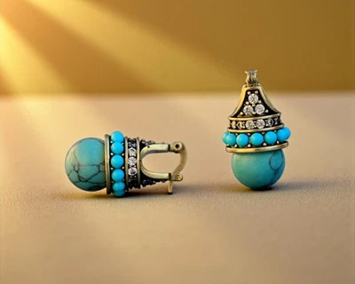 Ohrringe Schläfer Golden Antik Fassung Cz Türkis Syn. Perle Blau ET9 - Bild 1 von 4