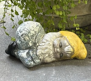 Vtg 9” Gnome-Sleeping Baby Elf-Old Concrete Cement Garden Statue-Chippy Painted! - Picture 1 of 24
