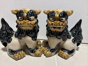 Vintage Lion of Ryukyu Shisa 2 Dog Pottery Set Kiln Nakagusuku Pottery Store - Picture 1 of 6