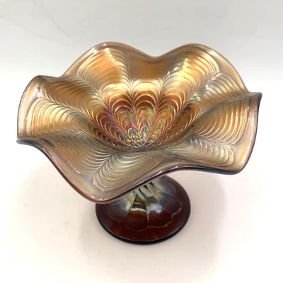 Fenton Peacock Tail Carnival Glass Amethyst Compote Ruffled Edge Iridescent - Image 1 of 4