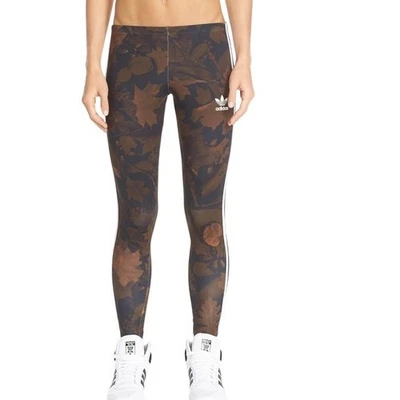 Adidas Women's Small S Brown Leaf Print 3 Stripe Athletic Leggings S - Image 1 of 4