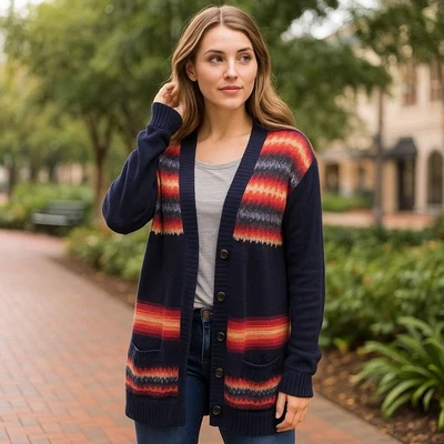 Cárdigan suéter de lana Gap Lambs de colección línea larga para mujer mediano azul marino azteca Fair Isle Foto 1 de 4