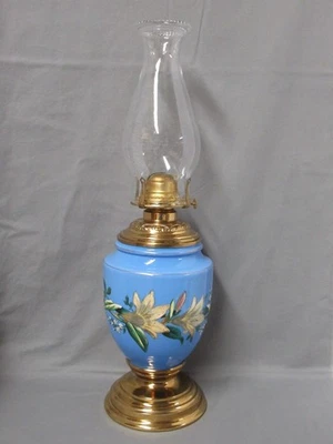 ANTIQUE VICTORIAN BLUE OPALINE PARLOR OIL LAMP W/ DROP IN FONT, HEAVILY ENAMELED - Image 1 of 4