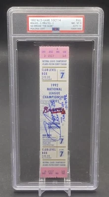 Sid Bream “THE SLIDE” 1992 NLCS Game 7 Full Ticket Stub Braves Signed PSA 8/10 - Image 1 of 2