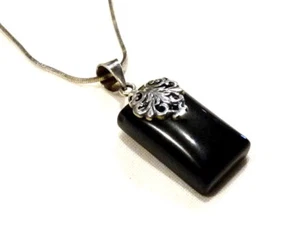 Bijou argent 925 collier pendentif onyx noir rehaussé argent filigrané pendant - Imagen 1 de 3