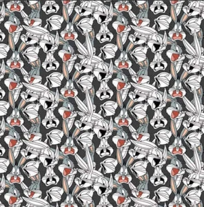 Looney Tunes Bugs Expressions Charcoal Cotton Fabric - Picture 1 of 2