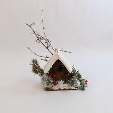 Decorative Winter Christmas Bird House Home Table Decor Wood Faux Snow Holly