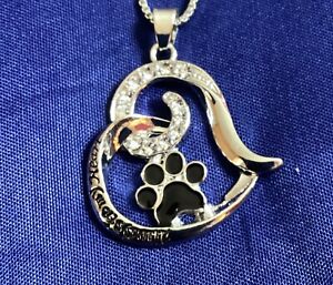 Heart & Paw Print Memorial Necklace rhinestones & etched sentiment Gift Dog Cat