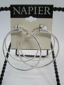 NWT Napier Double Hoop Silvertone Earrings With Textured Surface - Picture 1 of 4