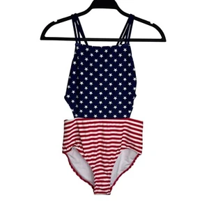 Okanu American Flag One Piece Swimsuit Stars & Stripes Cutout Design Girls Sz 16 - Picture 1 of 9