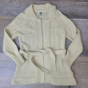 VTG 70s Beewear Cream Knit Belted Cardigan Sweater Size Medium - Picture 1 of 9