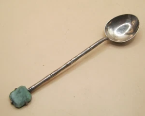 Antique Chinese Export Solid Silver Spoon With Bamboo Stem & Jade Finial #2 - Picture 1 of 6