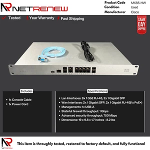 Cisco Meraki MX85-HW 1 Gbps 10x 1GB RJ-45 (1x PoE) 4x 1GB SFP Unclaimed - Picture 1 of 1