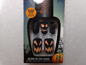 Broadway NAILS PRESS ON Medium - Black Halloween Jack-O-Lantern Glow in Dark - Picture 1 of 3