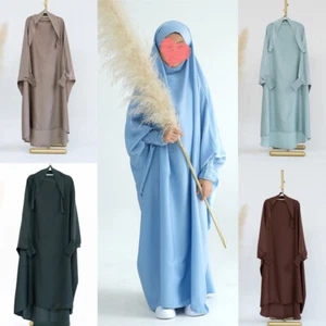 Muslim Child Dress Kids Girl Dress Overhead Abaya Burqa Kaftan Prayer Robe Arab - Picture 1 of 41