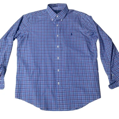 Camisa Ralph Lauren Para Hombres Abotonada Azul A Cuadros Manga Larga Elástica Algodón Talla L Foto 1 de 4