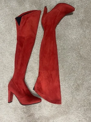 Zapato N Tale Rojo Gamuza Sobre la Rodilla Elastizado Tacón Alto Bota Talla 39 UE (8.5 EE. UU.) Foto 1 de 4
