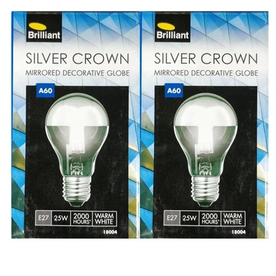 2 x 25W Silver Crown Light Globes Bulbs Lamps E27 Screw Incandescent Chrome Cap - Image 1 of 4