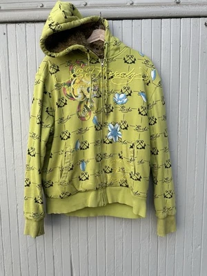 De Colección Christian Audigier Ed Hardy Sudadera con Capucha Piel Sintética Verde Calavera Águila L Foto 1 de 4