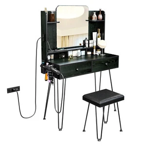 Black Makeup Dressing Table Vanity Desk with Drawers Mirror+ Stool Vanity Set - Picture 1 of 12