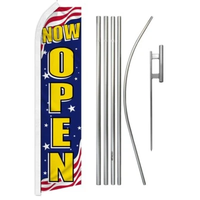 Now Open (Patriotic) Swooper Flutter Feather Advertising Open Flag & Pole Kit - Image 1 of 4