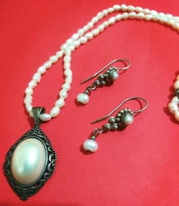Vintage Sterling Silver And Seed Pearls Necklace And Earrings Set - Picture 1 of 12
