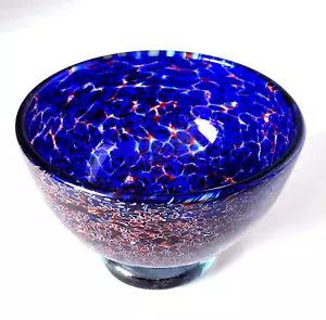 Mundgeblasene Kunst Glas Schale blau rot Konfetti signiert 3" x 4,5" - Bild 1 von 11