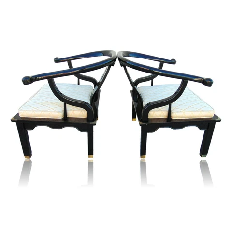 Vintage Pair Black Lacquered Asian Ming Lounge Chairs Mont Style Chinoiserie Cover