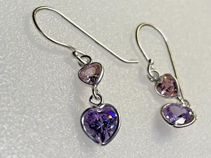 Sterling Silver Earrings 925 Dangle Drop Two Hearts Purple Pink Crystals 1.35g - Picture 1 of 11