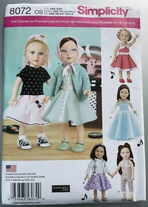 Simplicity Sewing Pattern  #8072,   Size  18" Tall Doll,  Retro Clothes Wardrobe - Picture 1 of 2