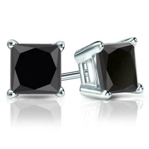 4 Ct Princess Cut Black Diamond Solitaire Studs Earrings In 925 Sterling Silver - Picture 1 of 4