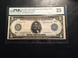 5.00 1914, Federal Reserve Note Kansas City PMG 25 Very Fine - Picture 1 of 2