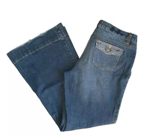 Bisou Bisou Flared Denim Blue Jeans Rhinestone Pockets Women's Size 12 - Picture 1 of 12