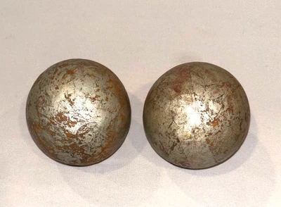 Antique Vtg 19th C 1900s Pr Carved Wooden Balls Early Silver Paint Great Surface - Image 1 of 4