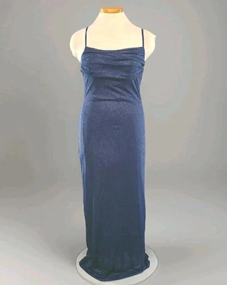 Antigo Vestido Maxi Tabu Anos 90 Y2K Azul Glitter Transparente Corpete Ruched Feminino Tamanho M - Imagem 1 de 4
