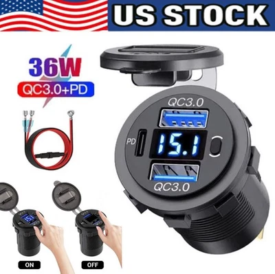 LOTE Voltímetro LED Cargador Rápido Coche 12V-24V PD+QC3.0 Doble USB Toma de corriente Foto 1 de 4