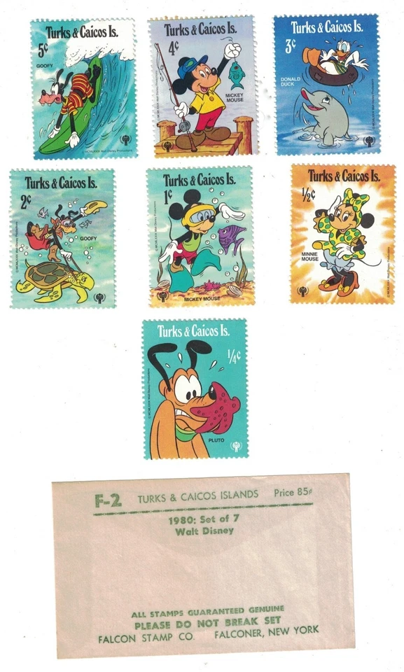 1980 TURKS & CAICOS ISLANDS WALT DISNEY JUEGO DE 7 ESTAMPILLAS MNH Foto 1 de 1