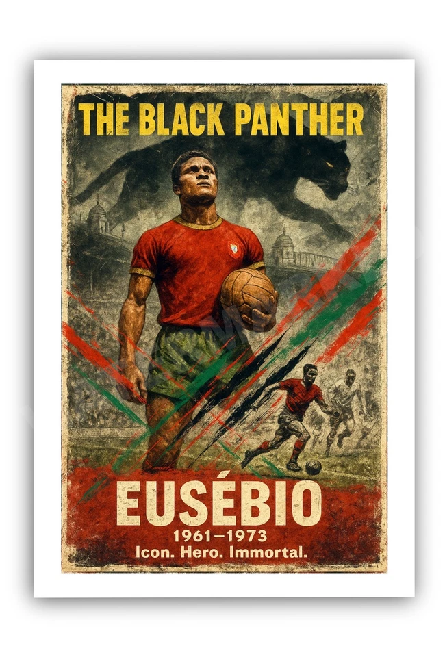 A4 Eusébio Retro Art Print – Black Panther Portugal Football Illustration Poster - image 1 of 1