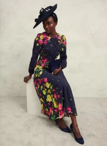 Hobbs Eva Silk Dress Floral Print Size UK 10 Petite US 6 P Midi Length Navy BNWT - Picture 1 of 21