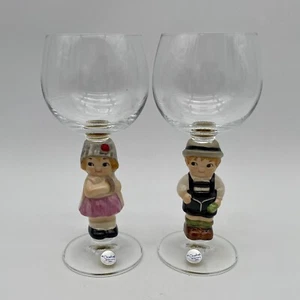 Goebel DOLLY DINGLE Pair Wine Glasses Germany Crystal Hans Girl Boy Ceramic - Picture 1 of 10