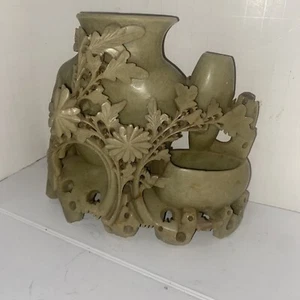 BEAUTIFUL Ornate VINTAGE CHINESE Hand CARVED SOAPSTONE - 3VASES Floral 6”x7” - Picture 1 of 9